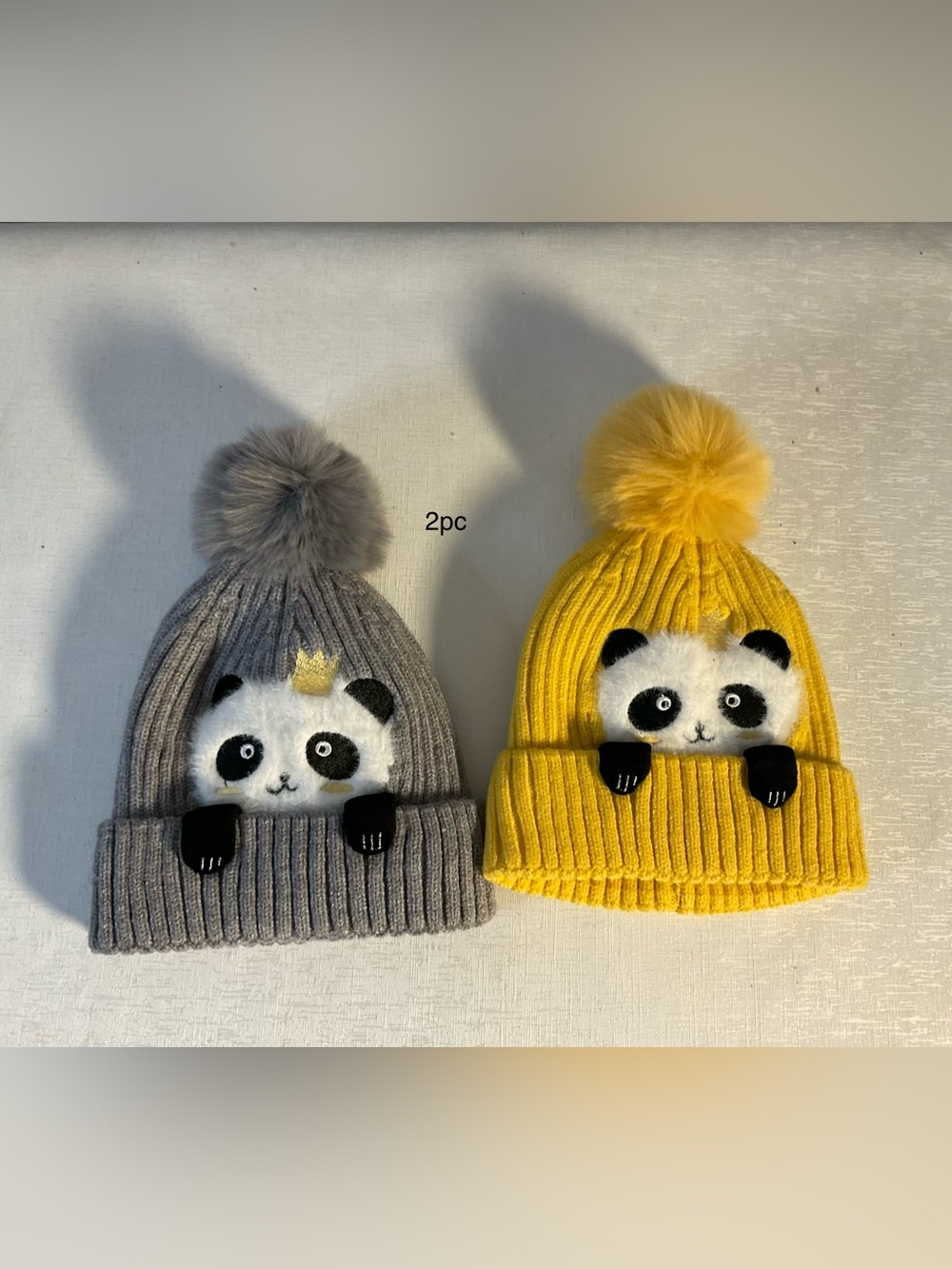 Kids Panda Pom Pom Beanie Hat - Yellow & Gray, 2-Pack